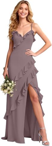 Ruffle V Neck Bridesmaid Dresses Spaghetti Straps Chiffon Formal Wedding Guest Evening Party Gown with Slit in Saudi Arabia