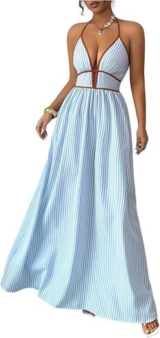 Floerns Women's Striped Halter Maxi Dress Backless Smocked Beach Vacation Boho Dress in Saudi Arabia