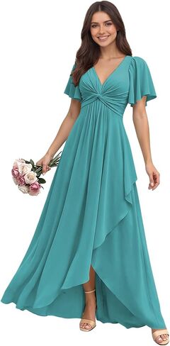 Bridesmaid Dresses for Women Chiffon V Neck Ruffled Short Sleeve Formal Gown for Wedding Guest in Saudi Arabia