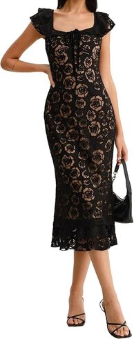 RIHOAS Midi Length Formal - Elegant Wedding Guest Bridesmaid Cocktail Gown Embroidered Floral lace Dress in Saudi Arabia