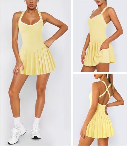 Women's Tennis Pleated Active Cross Back Athletic Dress for Women Sleeveless Mini Workout Golf Dress with Shorts Pocket in Saudi Arabia