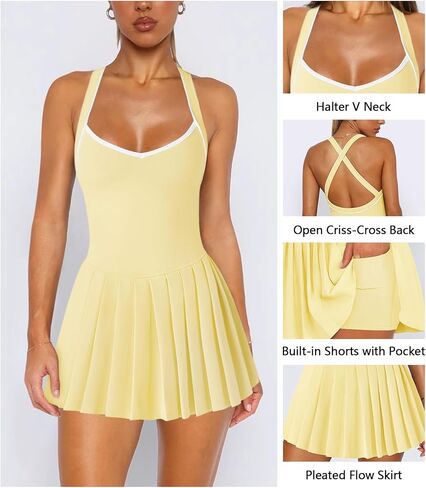 Women's Tennis Pleated Active Cross Back Athletic Dress for Women Sleeveless Mini Workout Golf Dress with Shorts Pocket in Saudi Arabia