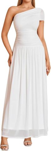 XinFSh Women's One Shoulder Wedding Guest Maxi Dress Ruched Flowy A Line Mesh Long Formal Cocktail Prom Dresses in Kuwait