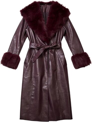 Women's Purple Leather Coat with Faux Fur Trim, Belted Long Coat, Collar and Cuffs Detail in Saudi Arabia