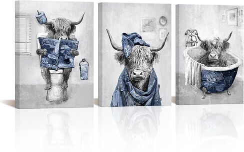 sechars Blue and Grey Bathroom Decor Funny Highland Cow Wall Art Cattle Paintings Apartment Bathroom Hotel Decorations (Blue) in Saudi Arabia