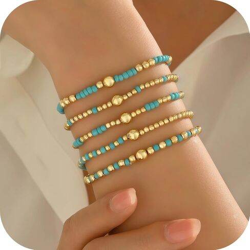 Bohemia Multilayer Resin Beaded Bracelets Set, Gold Beaded Stretch Stackable Friendship Bracelet Stack for Women, Adjustable Surfer Wristbands for Summer Beach Boho Vacation Jewelry in Saudi Arabia