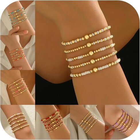 Bohemia Multilayer Resin Beaded Bracelets Set, Gold Beaded Stretch Stackable Friendship Bracelet Stack for Women, Adjustable Surfer Wristbands for Summer Beach Boho Vacation Jewelry in Saudi Arabia