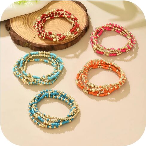 Bohemia Multilayer Resin Beaded Bracelets Set, Gold Beaded Stretch Stackable Friendship Bracelet Stack for Women, Adjustable Surfer Wristbands for Summer Beach Boho Vacation Jewelry in Saudi Arabia