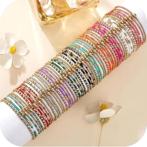Bohemia Multilayer Resin Beaded Bracelets Set, Gold Beaded Stretch Stackable Friendship Bracelet Stack for Women, Adjustable Surfer Wristbands for Summer Beach Boho Vacation Jewelry in Saudi Arabia