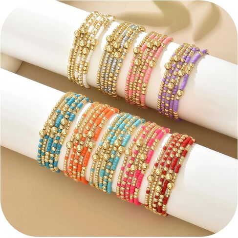 Bohemia Multilayer Resin Beaded Bracelets Set, Gold Beaded Stretch Stackable Friendship Bracelet Stack for Women, Adjustable Surfer Wristbands for Summer Beach Boho Vacation Jewelry in Saudi Arabia
