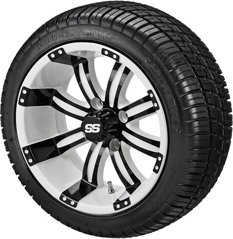 RM Cart 12" Casino White/Black on 205/30-12 Deli Low Profile Tires (Set of 4) | Golf Cart Tires and Wheels Combo with Standard Lug Nuts in Kuwait