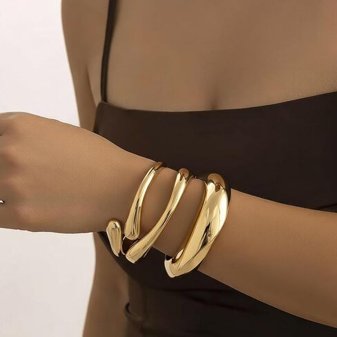 أساور ذهبية مكتنزة أساور للنساء - مجموعة أساور كبيرة سميكة مطلية بالذهب عيار 14 قيراط، مجموعة أساور أنيقة هدايا مجوهرات 3 قطع in Kuwait