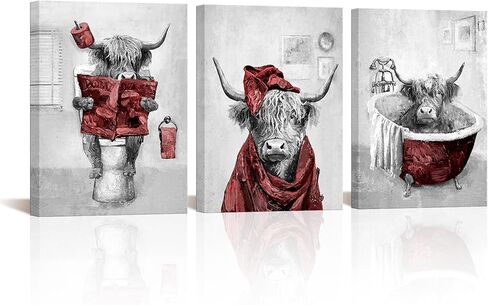 sechars Blue and Grey Bathroom Decor Funny Highland Cow Wall Art Cattle Paintings Apartment Bathroom Hotel Decorations (Blue) in Kuwait