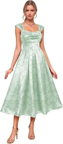 Tea Length Satin Prom Dress for Women Spaghetti Straps A Line Midi Dress Pleated Formal Evening Gown with Pockets in Kuwait