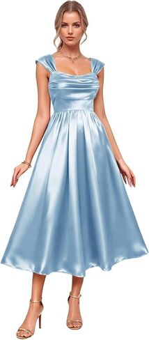 Tea Length Satin Prom Dress for Women Spaghetti Straps A Line Midi Dress Pleated Formal Evening Gown with Pockets in Saudi Arabia