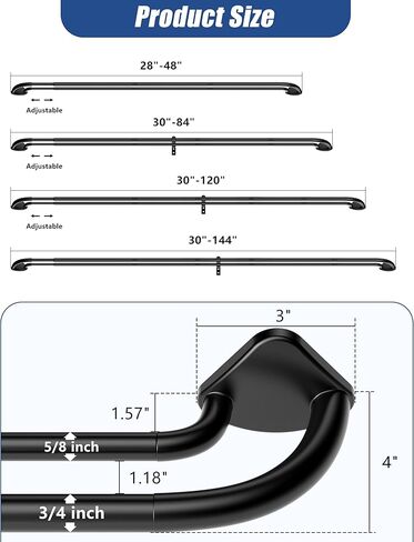 Wrap Around Curtain Rod 28 to 48 Inch, 3/4 Inch Adjustable Double Blackout Curtain Rod, Metal Thickened Hidden Base Curved Drapery Rod, Black in Kuwait