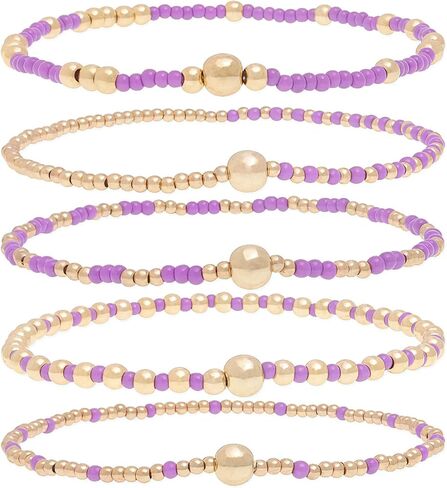 Bohemia Multilayer Resin Beaded Bracelets Set, Gold Beaded Stretch Stackable Friendship Bracelet Stack for Women, Adjustable Surfer Wristbands for Summer Beach Boho Vacation Jewelry in Saudi Arabia