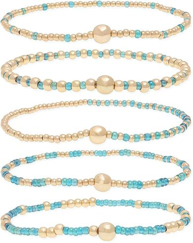 Bohemia Multilayer Resin Beaded Bracelets Set, Gold Beaded Stretch Stackable Friendship Bracelet Stack for Women, Adjustable Surfer Wristbands for Summer Beach Boho Vacation Jewelry in Saudi Arabia