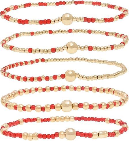 Bohemia Multilayer Resin Beaded Bracelets Set, Gold Beaded Stretch Stackable Friendship Bracelet Stack for Women, Adjustable Surfer Wristbands for Summer Beach Boho Vacation Jewelry in Saudi Arabia