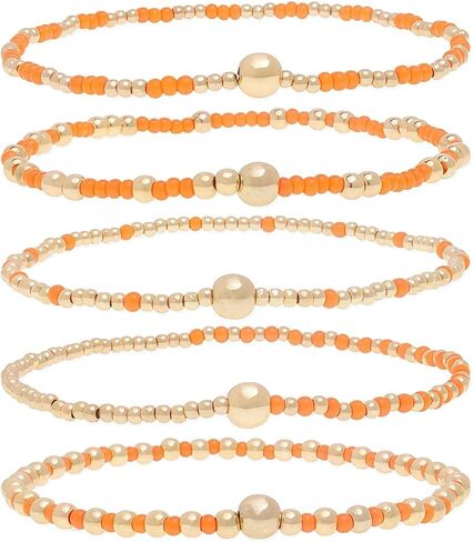 Bohemia Multilayer Resin Beaded Bracelets Set, Gold Beaded Stretch Stackable Friendship Bracelet Stack for Women, Adjustable Surfer Wristbands for Summer Beach Boho Vacation Jewelry in Saudi Arabia