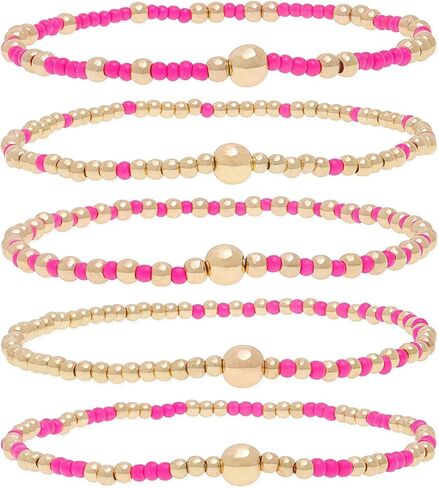 Bohemia Multilayer Resin Beaded Bracelets Set, Gold Beaded Stretch Stackable Friendship Bracelet Stack for Women, Adjustable Surfer Wristbands for Summer Beach Boho Vacation Jewelry in Saudi Arabia