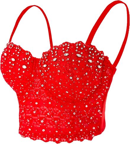 ELLACCI Women's Natural Reigning Lace Rhinestone Bustier Crop Top Sexy Mesh Corset Top Bra Red in Kuwait
