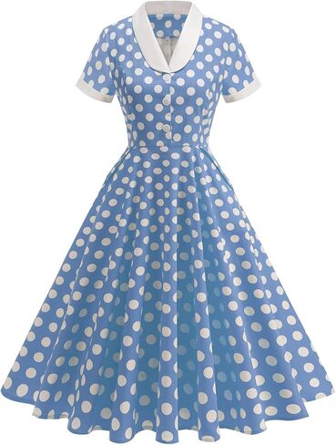 ODIZLI Women's 1950s Retro Dress Short Sleeve Shawl Collar Polka Dot Swing Midi Dress Rockabilly Dresses with Pockets in Saudi Arabia