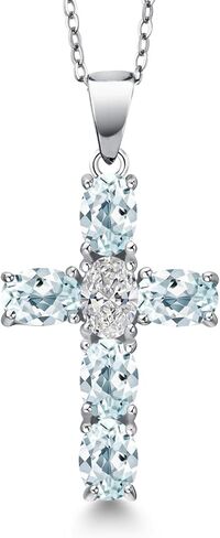 Gem Stone King 925 Sterling Silver Sky Blue Aquamarine and Lab Grown Diamond Cross Pendant Necklace for Women | 2.90 Cttw | Gemstone March Birthstone | Oval 6X4MM | With 18 Inch Chain in Saudi Arabia
