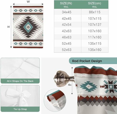 Turquoise Gray Boho Tie Up Curtains for Window, Southwestern Ethnic Geometric Thermal Insulated Balloon Shade Adjustable Rod Pocket Curtains Valance Panels for Kitchen Bathroom Café 42'' x 45'' in Saudi Arabia