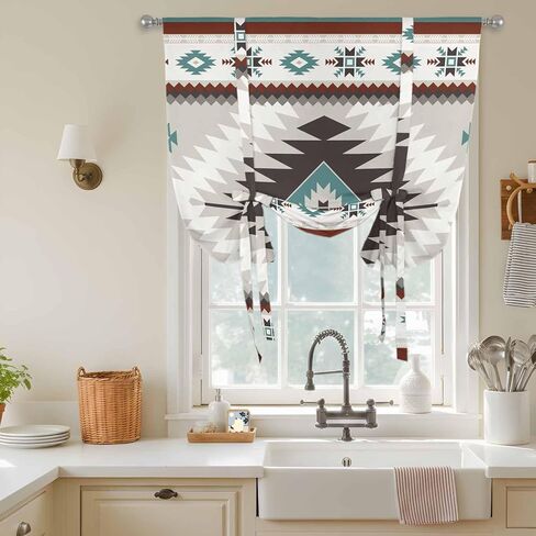 Turquoise Gray Boho Tie Up Curtains for Window, Southwestern Ethnic Geometric Thermal Insulated Balloon Shade Adjustable Rod Pocket Curtains Valance Panels for Kitchen Bathroom Café 42'' x 45'' in Saudi Arabia