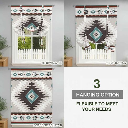 Turquoise Gray Boho Tie Up Curtains for Window, Southwestern Ethnic Geometric Thermal Insulated Balloon Shade Adjustable Rod Pocket Curtains Valance Panels for Kitchen Bathroom Café 42'' x 45'' in Saudi Arabia