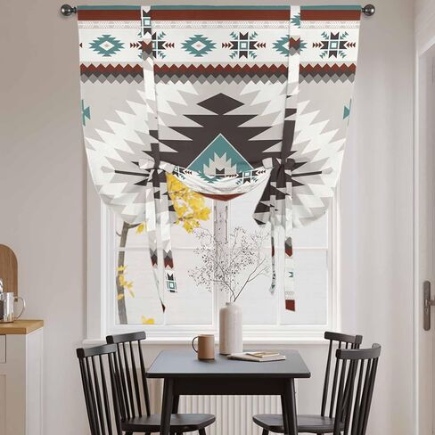 Turquoise Gray Boho Tie Up Curtains for Window, Southwestern Ethnic Geometric Thermal Insulated Balloon Shade Adjustable Rod Pocket Curtains Valance Panels for Kitchen Bathroom Café 42'' x 45'' in Saudi Arabia