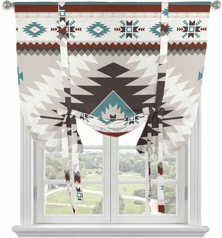 Turquoise Gray Boho Tie Up Curtains for Window, Southwestern Ethnic Geometric Thermal Insulated Balloon Shade Adjustable Rod Pocket Curtains Valance Panels for Kitchen Bathroom Café 42'' x 45'' in Saudi Arabia