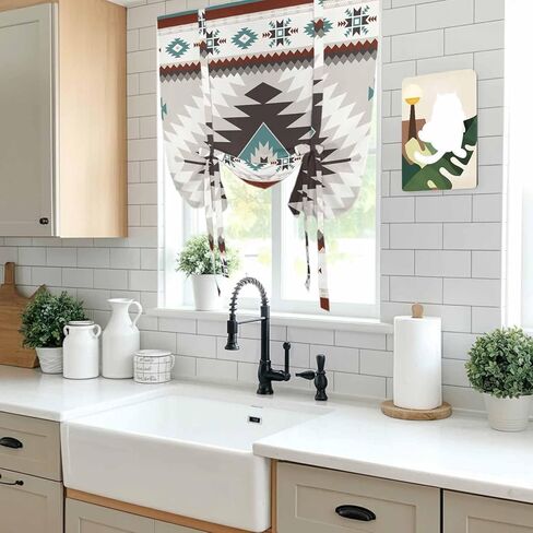 Turquoise Gray Boho Tie Up Curtains for Window, Southwestern Ethnic Geometric Thermal Insulated Balloon Shade Adjustable Rod Pocket Curtains Valance Panels for Kitchen Bathroom Café 42'' x 45'' in Saudi Arabia