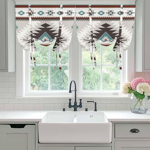 Turquoise Gray Boho Tie Up Curtains for Window, Southwestern Ethnic Geometric Thermal Insulated Balloon Shade Adjustable Rod Pocket Curtains Valance Panels for Kitchen Bathroom Café 42'' x 45'' in Saudi Arabia