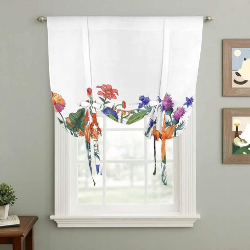 Spring Floral Tie Up Curtains for Window, Watercolor Purple Yellow Flower Thermal Insulated Balloon Shade Adjustable Rod Pocket Curtains Valance Panels for Kitchen Bathroom Café 34'' x 45'' in Saudi Arabia