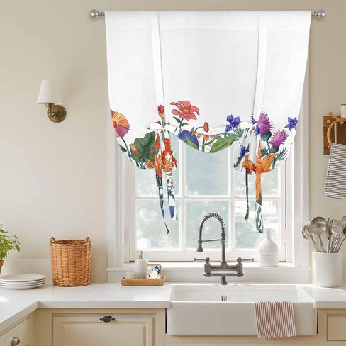 Spring Floral Tie Up Curtains for Window, Watercolor Purple Yellow Flower Thermal Insulated Balloon Shade Adjustable Rod Pocket Curtains Valance Panels for Kitchen Bathroom Café 34'' x 45'' in Saudi Arabia