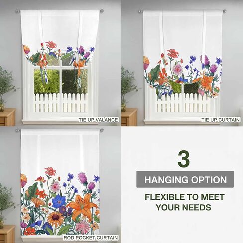 Spring Floral Tie Up Curtains for Window, Watercolor Purple Yellow Flower Thermal Insulated Balloon Shade Adjustable Rod Pocket Curtains Valance Panels for Kitchen Bathroom Café 34'' x 45'' in Saudi Arabia