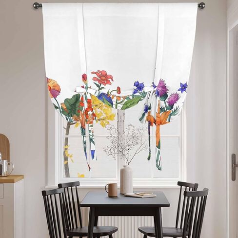 Spring Floral Tie Up Curtains for Window, Watercolor Purple Yellow Flower Thermal Insulated Balloon Shade Adjustable Rod Pocket Curtains Valance Panels for Kitchen Bathroom Café 34'' x 45'' in Saudi Arabia