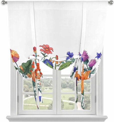 Spring Floral Tie Up Curtains for Window, Watercolor Purple Yellow Flower Thermal Insulated Balloon Shade Adjustable Rod Pocket Curtains Valance Panels for Kitchen Bathroom Café 34'' x 45'' in Saudi Arabia