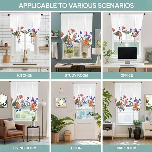 Spring Floral Tie Up Curtains for Window, Watercolor Purple Yellow Flower Thermal Insulated Balloon Shade Adjustable Rod Pocket Curtains Valance Panels for Kitchen Bathroom Café 34'' x 45'' in Saudi Arabia