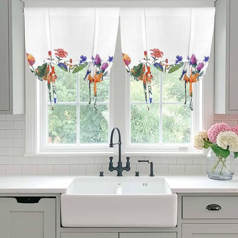 Spring Floral Tie Up Curtains for Window, Watercolor Purple Yellow Flower Thermal Insulated Balloon Shade Adjustable Rod Pocket Curtains Valance Panels for Kitchen Bathroom Café 34'' x 45'' in Saudi Arabia