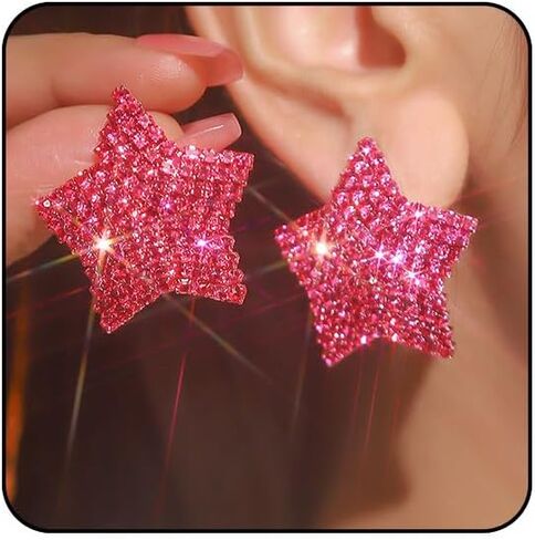 Rhinestone Silver Star Earrings Hot Pink Heart Earrings for Women Sparkly Black Earring Large Big Chunky Statement Stud Earring Bling Dainty Unique Trendy Jewelry in Saudi Arabia