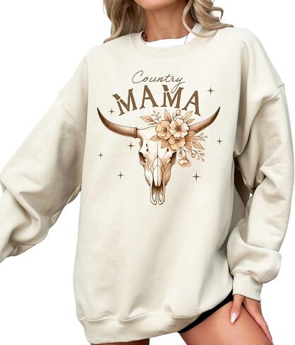 FITIN Unisex Country Mama Cow Skull Floral Graphic Sweatshirt – Western Boho Crewneck Pullover in Kuwait