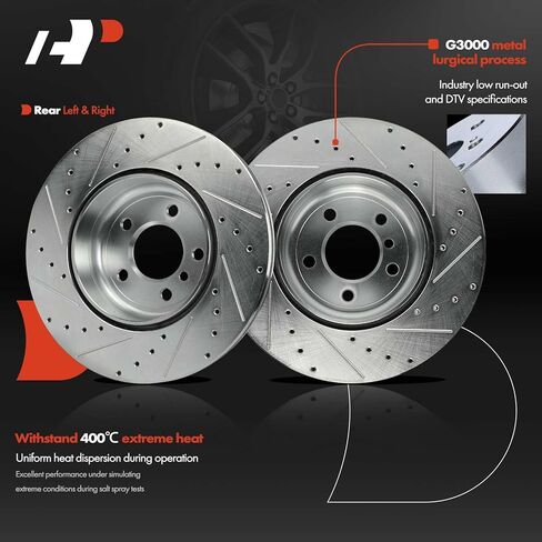 A-Premium 13.58 inch (345mm) Rear Drilled and Slotted Disc Brake Rotors Compatible with Select BMW Models - 535i, 535i GT, 535i GT xDrive, 550i, 550i/740Li xDrive, 740i, 740Li, 640i, 650i, 2-PC Set in Saudi Arabia