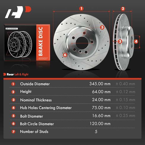 A-Premium 13.58 inch (345mm) Rear Drilled and Slotted Disc Brake Rotors Compatible with Select BMW Models - 535i, 535i GT, 535i GT xDrive, 550i, 550i/740Li xDrive, 740i, 740Li, 640i, 650i, 2-PC Set in Saudi Arabia