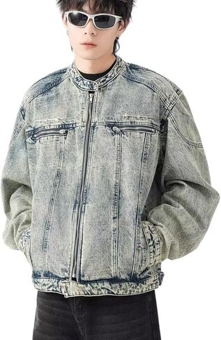 MLAFE Y2K Mens Jeans Jacket, Harajuku Style Vintage Washed Trucker Jacket, Stand Collar Zip Up Retro Coat Streetwear Fashion in Kuwait