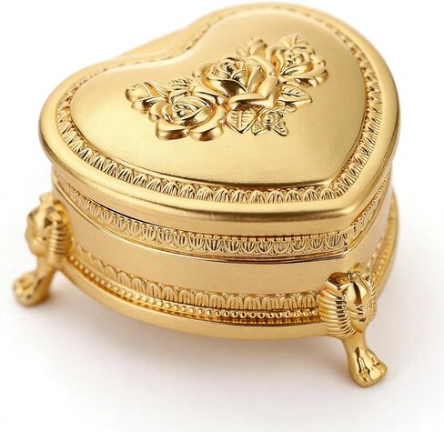 Feyarl Vintage Heart Shaped Jewelry Box Gold Keepsake Trinket Box with Rose Engraving Small Velvet-Lined for Rings Earrings Romantic Organizer for Women Girls in Saudi Arabia