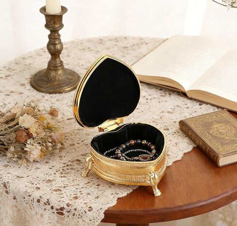 Feyarl Vintage Heart Shaped Jewelry Box Gold Keepsake Trinket Box with Rose Engraving Small Velvet-Lined for Rings Earrings Romantic Organizer for Women Girls in Saudi Arabia