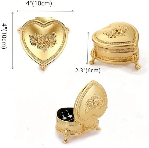 Feyarl Vintage Heart Shaped Jewelry Box Gold Keepsake Trinket Box with Rose Engraving Small Velvet-Lined for Rings Earrings Romantic Organizer for Women Girls in Saudi Arabia